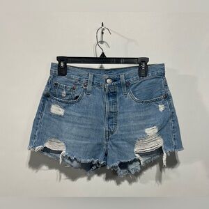 Levi’s 501 Button Fly Distressed Blue Denim Shorts Size 28‎